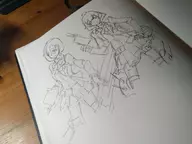 2girls alternate_hairstyle bow hair_clip kantai_collection kumano short_hair skirt suzuya thigh_highs traditional_medium uniform weapon // 2016x1512 // 421KB