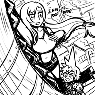 1boy 1girl artist:aipiepo background blush climbing cloud_strife embarrassed final_fantasy final_fantasy_vii ladder long_hair monochrome ponytail skirt text tifa_lockhart // 1000x1000 // 473KB