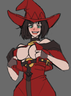 1girl artist:sunbeam blazblue blue_eyes breasts hat i-no thumbs_up undressing // 1065x1454 // 515KB