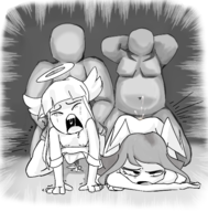 2boys 2girls all_fours artist:chrisfantasy bent_over breasts crying cum devilish_hairdresser fat from_behind halo horns long_hair monochrome nipples sex wings // 592x600 // 323KB