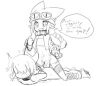 1boy 1girl artist:chaikodog blush collar disgaea fang futa_on_male futanari hat midriff penis sex speech_bubble striped_stockings text thief thigh_highs // 947x849 // 262KB