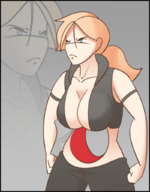 1girl angry blonde_hair blue_eyes breasts cleavage colored hole mortal_kombat ponytail sonya_blade wound // 800x1024 // 393KB