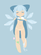 artist:suragu blue_eyes blue_hair bow cirno colored fairy panties short_hair skirt skirt_lift smile tan tanlines tanned_cirno touhou touhou_project wings // 600x800 // 104KB