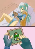 1girl bed colored fire_emblem green_eyes green_hair lyn mark pillow ponytail sad tactician // 1240x1753 // 288KB