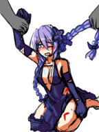 1girl artist:mellie blood blue_eyes blush braids bullying colored crying dress elbow_gloves gloves hair_ornament hyperdimension_neptunia neptune purple_hair purple_heart torn_clothes // 1668x2224 // 1.2MB