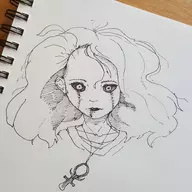 1girl alice alice_liddell american_mcgee's_alice artist:misterskits lineart pose text traditional_medium // 2976x2976 // 1.9MB