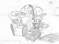 artist:babazul beach crossover eating eyes_closed food happy hat king_dedede kirby kirby_(series) luigi mustache overalls pizza shades sitting smile sun sunglasses super_mario super_smash_bros // 1137x845 // 887KB