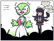 2girls artist:unknown filia gardevoir pokemon queen_of_v_2025 skullgirls // 1200x900 // 505KB