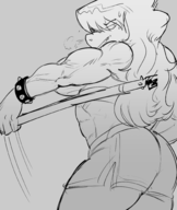 1girl abs anthro artist:unknown ass breasts buff deltarune gym_clothes gym_shorts handbar huge_breasts lineart long_hair looking_at_viewer shorts susie // 1685x2000 // 347KB