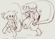2boys artist:unknown cave_story clothing frying_pan holding_object mimiga object robe shirt shorts sword tagme training weapon // 1004x704 // 295KB