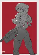 1girl armor armored_core artist:unknown artist_signature ass breasts firearm huge_breasts looking_at_viewer looking_over_shoulder monochrome pose sketch suit tagme weapon // 2480x3508 // 3.6MB