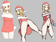 1girl blonde_hair brown_eyes candy candy_cane censored chihaya_mifune colored from_behind hat long_hair looking_at_viewer looking_back multiple_poses persona persona_(series) persona_5 santa_hat skirt_lift text upskirt // 5000x3736 // 5.4MB