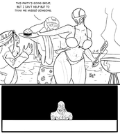 1girl 3boys artist:scorndude bikini burger cooking dark_samus doom doomguy metroid metroid_prime resident_evil resident_evil_village salvatore_moreau scorn scorn_guy swimsuit // 1920x2127 // 689KB