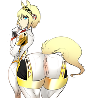1girl aigis android artist:scas blonde_hair blue_eyes centaur colored finger_in_mouth from_behind horse horse_pussy monster_girl persona persona_(series) persona_3 pussy shin_megami_tensei short_hair solo tail // 663x750 // 272KB