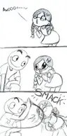 jp jp-tan v v-tan 1boy 1girl 3koma artist:unknown bending_over bent_over comic excited howling loli looking_at_partner monochrome sketch slap slapping text // 506x1024 // 202KB