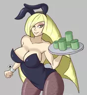 1girl animal_ears artist:georgezero blonde_hair bunny_ears bunny_suit colored fishnet green_eyes leotard long_hair lusamine pokemon pokemon_sm sketch tray // 1086x1188 // 501KB