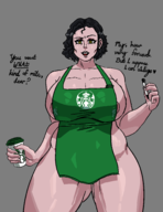 1girl alcina_dimitrescu areola_slip artist:berlubbits breast_milk huge_breasts naked_apron resident_evil resident_evil_village starbucks text // 2550x3300 // 550KB
