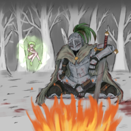 1boy 1girl armor artist:unknown black_souls blood bonfire cape fairy fire forest green_hair grimm leaf leotard sitting sword tree weapon // 2000x2000 // 3.4MB