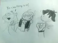 1girl 2boys ahoge artist:boneyt artist:gusgux black_eyes blonde_hair colored crossover crying eyes_closed fat fire_emblem fire_emblem_awakening long_hair lucina makoto short_hair shulk speech_bubble street_fighter text traditional_medium // 2592x1944 // 1.0MB