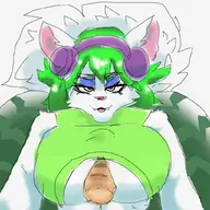 1girl artist:stupidretard baguette breasts eye_shadow food furry green_hair headphones huge_breasts paizuri paladins portrait salt solo source_request // 1024x1024 // 43KB