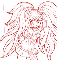 1girl bow bra danganronpa junko_enoshima middle_finger midriff miniskirt shirt_lift sketch skirt smile tongue twintails wip // 900x937 // 496KB