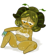 1girl anus_peek artist:2x blush bra chubby cookie_run drink drunk green_hair horns matcha_cookie navel panties sweat underwear // 803x917 // 564KB