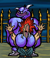 2boys artist:unknown asphyxiation broly broly_culo chrono_trigger colored crono crouching dragon_ball goku open_mouth parody screaming spekkio squatting // 1400x1600 // 607KB