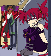 2girls artist:unknown bazz box_cutter concord disgaea etna hiding parody queen_of_v_2025 // 1620x1773 // 1.9MB