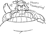 1girl artist:onoff breasts cheeks chicken chicken_leg cute fat garyc.me heart holding huge_breasts looking_at_viewer may monochrome navel obese pokemon sketch sweater text thanksgiving // 800x600 // 60KB
