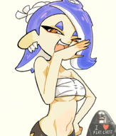 1boy 1girl artist:HinaZ0 bandages blush breasts cleavage cpñpred hand_on_hips huge_breasts laughing looking_at_viewer navel octoling octoling_girl shiver smug splatoon tagme tummy // 850x1000 // 163KB