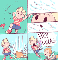 2boys angel black_eyes blonde_hair claus colored comic dialogue halo lucas mother_(series) mother_3 mushroom orange_hair short_hair shorts text wings // 1030x1063 // 561KB