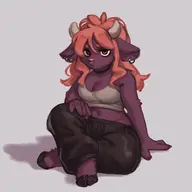1girl anthro artist:kujalla buffalo choker cleavage ear_piercing furry giovanna_bufaloni looking_at_viewer medium_breasts navel on_your_tail pants piercings red_eyes sitting tank_top tummy // 1920x1920 // 843KB
