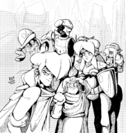 2girls 4boys adam armor artist:chrisfantasy cape centaur domingo furry khris lowe mae max monochrome robe robot shield shining_force tentacles // 1258x1330 // 697KB