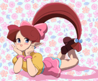 1girl artist:rommi blue_eyes blush bracelet earrings laying lip_(panel_de_pon) loli panel_de_pon panties pointy_ears ponytail // 1075x883 // 895KB