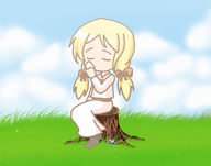 100_orange_juice 1girl artist:sach159 background blonde_hair colored cup drinking eyes_closed fernet sitting sky stump twintails // 700x550 // 241KB