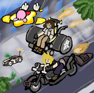 1other 2boys artist:runebrave car cloud_strife colored crossover final_fantasy final_fantasy_vii huey_emmerich kirby kirby_(series) metal_gear metal_gear_solid_peace_walker motorcycle race race_car racing road sega_rally sidewalk star vroom_vroom wheelchair // 1287x1282 // 1.1MB