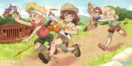 1girl 3boys artist:sunshine_memoir bandage fiolina_germi marco_rossi metal_slug nerf_gun running shooting // 1086x547 // 837KB