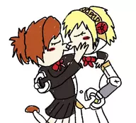 2girls aigis artist:diskette blonde_hair blush bow brown_hair colored female_protagonist kiss kissing persona persona_(series) persona_3 school_uniform short_hair uniform yuri // 648x585 // 247KB
