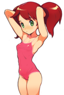 1girl ape_escape armpit artist:genvoke brown_hair colored green_eyes one-piece_swimsuit swimsuit twintails yumi // 1000x1487 // 600KB