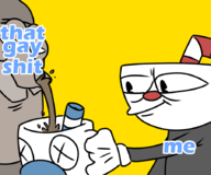 colored cuphead cuphead_(series) dead elder_kettle mugman reaction_image text // 900x750 // 191KB