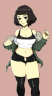 1girl artist:gummidx black_eyes black_hair colored futaba_sakura midriff outfit_swap persona persona_(series) persona_5 sadayo_kawakami shin_megami_tensei short_hair shorts smile thigh_highs // 570x1056 // 228KB