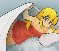 artist:2x bed blanket blonde_hair blue_eyes breasts lingerie long_hair mega_man_(series) navel nipples panties pillow roll see-through thong // 1392x1220 // 1.1MB