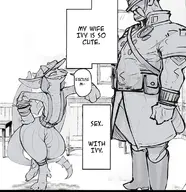 artist:noctoc baggy_clothing baggy_pants bracelet clenched_hand comic deadlock female hand_on_hips imminent_sex ivy leg_up male my_wife_is_so_cute parody serious short short_female smile smug suspenders tall tall_male third-party_edit warden // 723x746 // 306KB