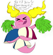 1girl alternate_breast_size artist:cy blonde_hair cheerleader colored dialogue eyes_closed freckles ghost ghost_girl huge_breasts pom_poms skirt speech_bubble text tomorrow_gal tongue underboob yo-kai_watch // 2044x2117 // 254KB