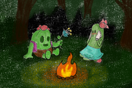 1boy 1girl artist:unknown blush brawl_stars cactus_girl campfire cuphead fire flower forest npc sitting spike tree // 1200x800 // 1.8MB