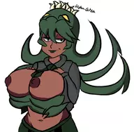 dark_skin fukua green_eyes green_hair huge_breasts nipples skullgirls tie // 1000x977 // 238KB