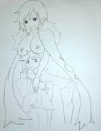 1boy 1girl binah breast_rest breasts cape embarrassed lobotomy_corporation manager tall_girl topless // 2260x2937 // 481KB