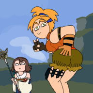 2girls artist:unknown ass blonde_hair brown_hair final_fantasy green_eyes parody peace_sign ponytail rikku shorts staff yuna // 900x900 // 248KB