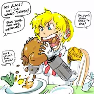 1girl aigis artist:bishopbb blonde_hair blue_eyes bone bow chair colored dialogue drink eating glass persona persona_(series) persona_3 plate short_hair sitting speech_bubble text thanksgiving turkey water // 900x900 // 266KB