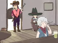 flow 3girls artist:pantsu-ripper background beer boots braids brown_hair cowboy cup grey_hair gun madotsuki pinch red_eyes sabitsuki sitting spitting table text urotsuki weapon yume_2kki yume_nikki // 1981x1486 // 909KB